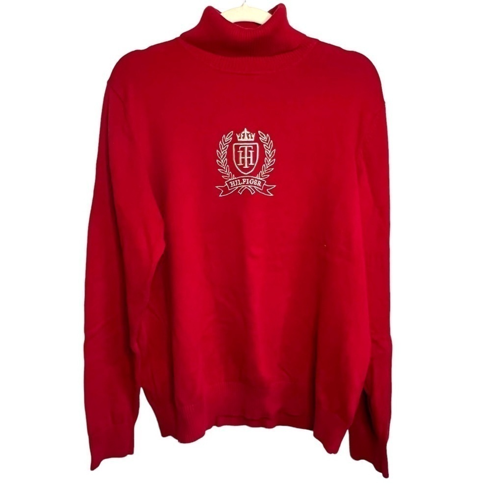 Tommy Hilfiger Y2K Red Turtleneck Gold Crest Sweater Size XXL